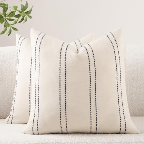 HOMFINER Decorative Throw Pillow Covers 20x20 Inch Set of 2 Linen Striped Accent Neutral Beige Farmhouse Boho Square Cushi...