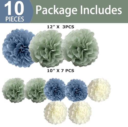 Sage-Green Dusty Blue Ivory Party-Decorations - 10-Pack Blue Green Boho Tissue Pom Poms Paper Flowers Wedding Centerpieces...