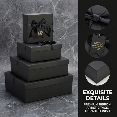 ZENFUN 5 Pack Black Nested Gift Boxes with Lid for Valentine's Presents, 5 Sizes Luxury Packaging Box with Ribbon Bows and...