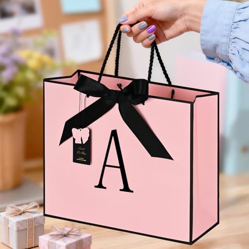 ZUKEPU Birthday Gift Bag, Personalized Initial Pink Gift Bags for Women & Girls, Medium Valentines Gift Paper Bags with Ca...