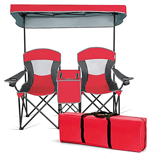 S AFSTAR Double Camping Chair w/Shade Canopy, 2-Person Folding Camp and Beach Chair with Mini Table Beverage Cup Holder Ca...