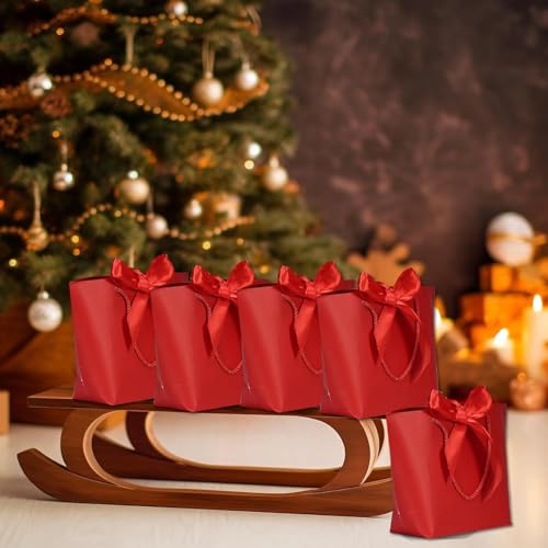 Aosric 12 Pack Red Tote Gift Bags with Bow Ribbon – 7.48x3.54x7.9 Elegant Small Cardstock Gift Bag with handles & Base Sup...