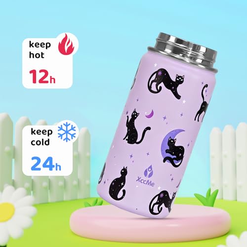 XccMe 14oz Cat Kids Water Bottle With Straw Lid,Stainless Steel Travel Bottle,Double Wall Leak Proof & BPA-FreeKids Cup,In...