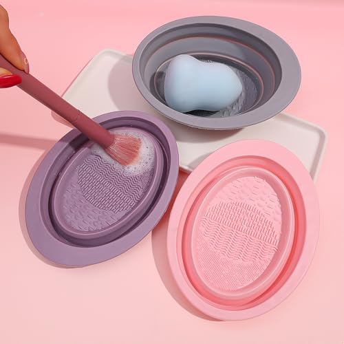 1pcs Silicone Makeup Brush Cleaner Folding Powder Puff Cleaning Bowl Eyeshadow Brushes Washing Soft Pad Beauty Tools,Purpl...