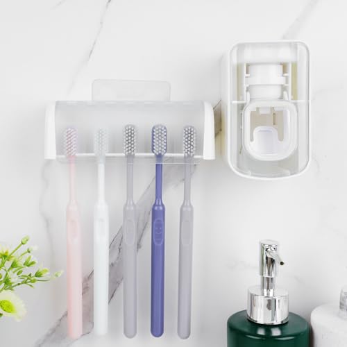 5 Slots Wall Mount Toothbrush Holder with Cover, Self Adhesive Toothbrush Storage Organizer for Shower, Toothbrush Hanger ...