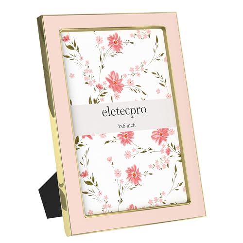 eletecpro 4x6 Enamel Picture Frame with Real Glass Cover, 1 Pack Pink Photo Frame with Gold Metal Edge, Horizontal and Ver...