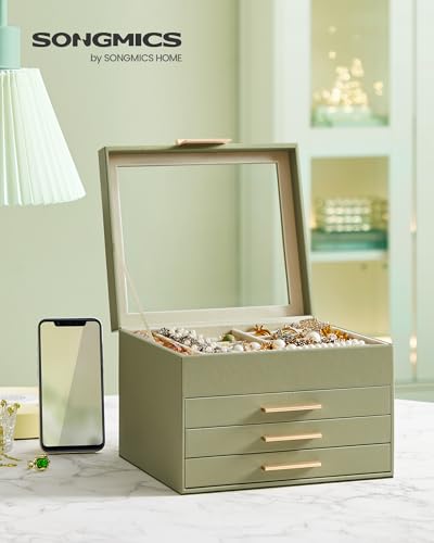 SONGMICS GISELLA Collection - Jewelry Box Organizer, 4-Layer Jewelry Storage with 3 Drawers, Shiny Metal Hardware, Glass L...