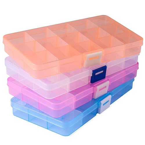 Opret 15 Girds Bead Organizer(4 Pack), Earring Organizer Box, SMALL Plastic Containers with Adjustable Dividers for Crafts...