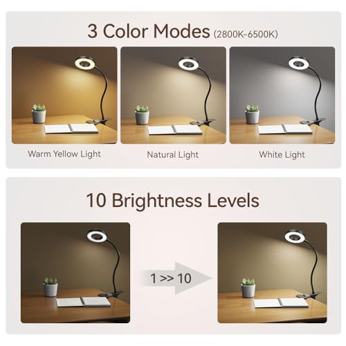 GARMESE LED Desk Lamp Clip on Light with 3 Color Modes 10 Brightness Ring/Clamp Light 360° Adjustable Neck Dimmable Eye Pr...