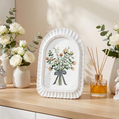 AceOrbit 4x6 Inches Petal Wave Rock White Picture Frame Cute Arched Wooden Real Glass Photo Frame for Desktop Display Home...