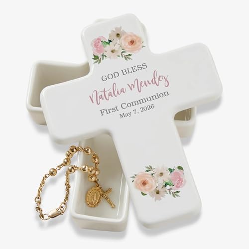 Personalization Universe Pink Floral First Communion Keepsake Box, Personalized Ceramic Prayer Box, First Communion Gifts ...