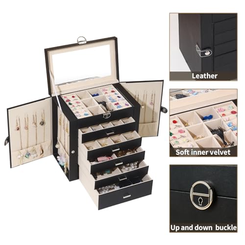BOOVO Jewelry Box For women, 6 Layer Large Jewelry Organizer With Mirror, Multi-Function Storage Box With Lock, Accessory ...