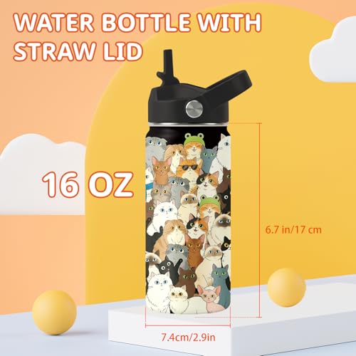 TNASURHUS 16oz Cats Water Bottle with Straw Lid for Cat Lover, Stainless Steel Insulated Tumbler, Leakproof, BPA-Free, for...