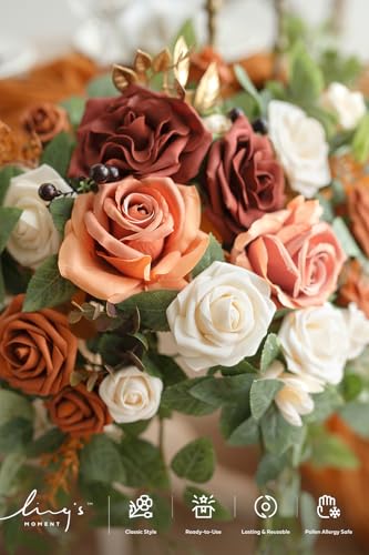 Ling's moment 2PCS Terracotta Arch Flowers Artificial Floral Swags Centerpieces Wedding Decor Mantel Faux Burnt Orange Ros...