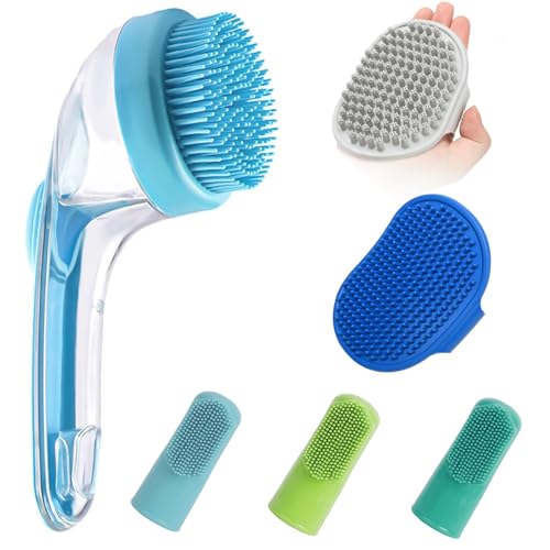 (6 Pcs) ELEGX Pet Grooming Bath Massage Brush with Soap and Shampoo Dispenser Soft Silicone Bristle for Long Short Haired ...