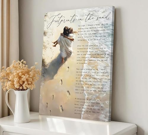 Footprints in the Sand Canvas Wall Art Chrisitan Inspirational Painting Picture Jesus Hugging Woman on Beach Poster Prints...