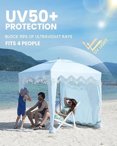 OutdoorMaster Beach Cabana with Fringes, Portable 6' x 6' Beach Canopy for Sand, Easy Set Up Beach Shelter, Included Side ...