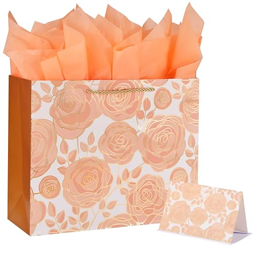 SUNCOLOR Large Gift Bag with Tissue Paper and Card, Rose Gold, Large 13W x 10.2H x 4.7D inches, for Wedding, Bridal Showe...