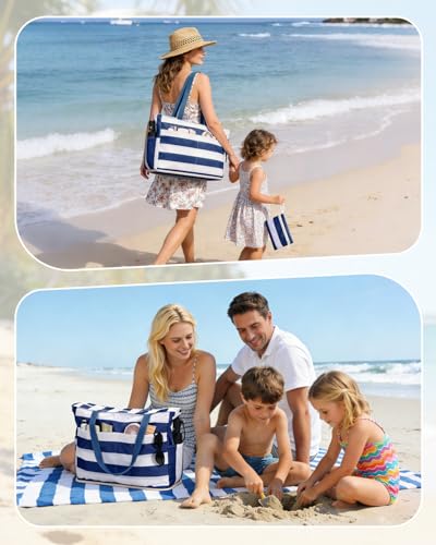 WANDF Beach Bags for Women, Large Waterproof Sandproof Beach Tote Bag with Zipper Family Pool Bags with 40oz Tumbler Pocke...