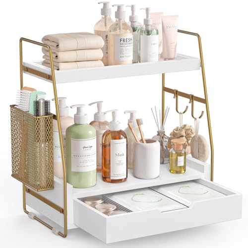 ROPALINS 2-Tier Bathroom Counter Organizer with Drawer & Removable Basket, Wood & Metal Vanity Organizer for Skincare, Mak...