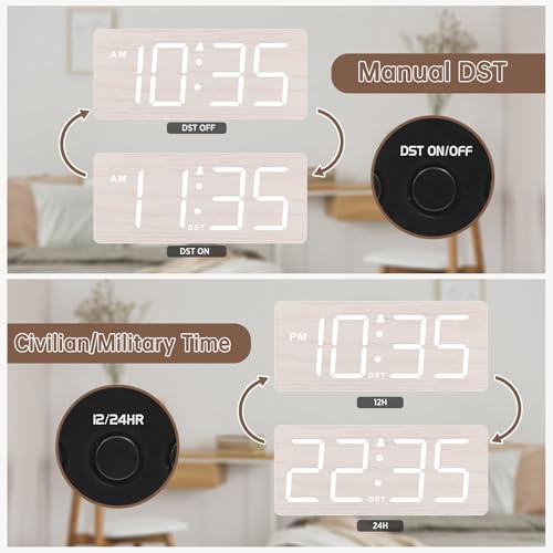 DreamSky Wooden Digital Alarm Clock for Bedroom - Desk Clock for Living Room with Large Numbers, Dimmer, Loud Alarm for He...