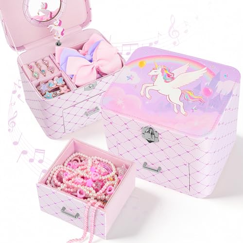 Basumee Musical Jewelry Box for Girls PU Leather Music Box with Drawer Large Kids Jewelry Organizer with Unicorn/Ballerina...