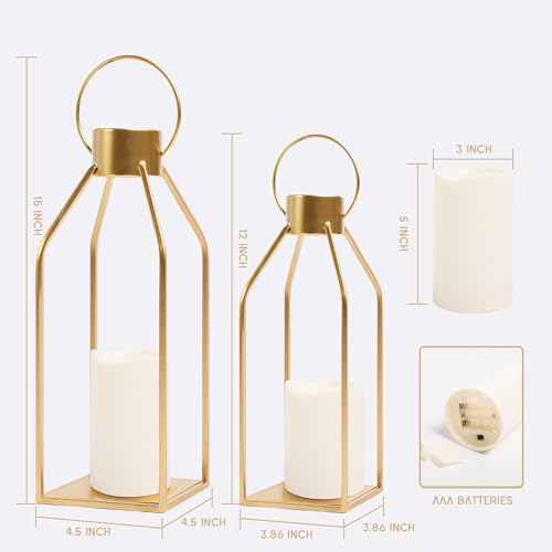 HPC Decor Modern Farmhouse Lantern Decor- Gold Metal Candle Lanterns for Christmas- Lanterns Decorative w/Timer Flickering...