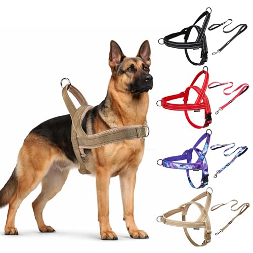 Wuhnesd No Pull Dog Harness and Leash Set-Reflective Vest with Handle&5FT Dog Leash with Car Seatbelt Clip,Breathable Mes...