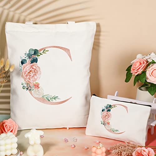 Sanwuta 2 Pcs Initial Canvas Tote Bag Wedding Gift Floral Letter Travel Cosmetic Bag Monogrammed for Woman Wedding