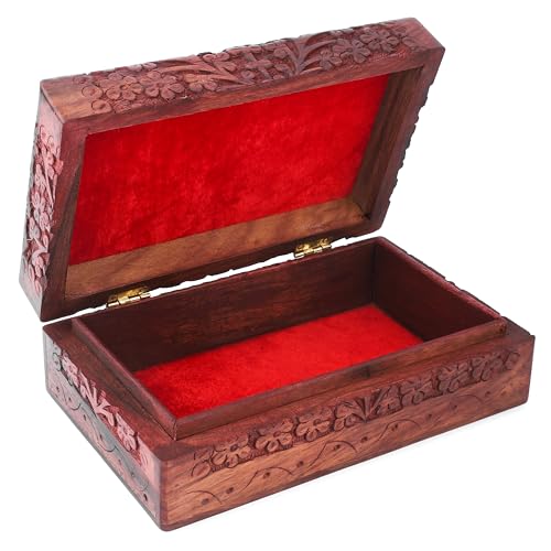 Ajuny Handcarved Wooden Decorative Treasure Chest Box 8 x 5 Inch Brown Tree Of Life Pattern - Multipurpose Use As Jewelry ...