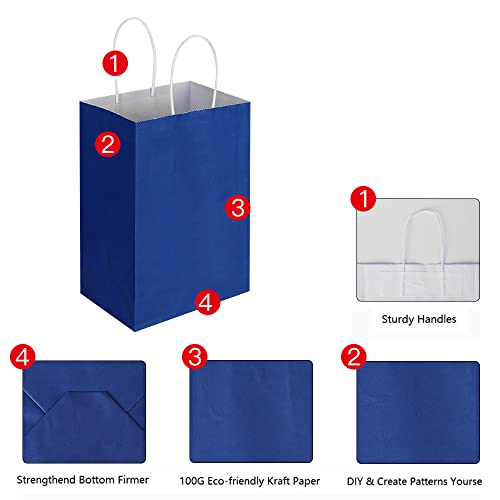 Oikss 100 Pack 5.25x3.25x8.25 Inch Small Royal Blue Kraft Paper Bags with Handles Bulk for Birthday Wedding Party Favors G...