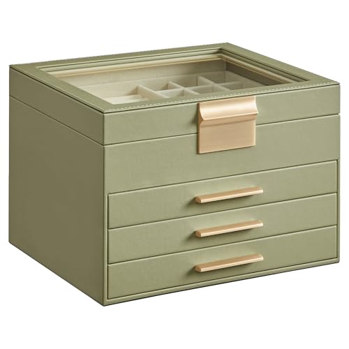 SONGMICS GISELLA Collection - Jewelry Box Organizer, 4-Layer Jewelry Storage with 3 Drawers, Shiny Metal Hardware, Glass L...