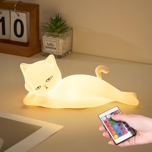 Lying Flat Cat Lamp Funny Gifts, 16 Colors+5 Dimming+Silicone Random Stuff, Touch+Remote+Recharge Night Light for Kids, Co...