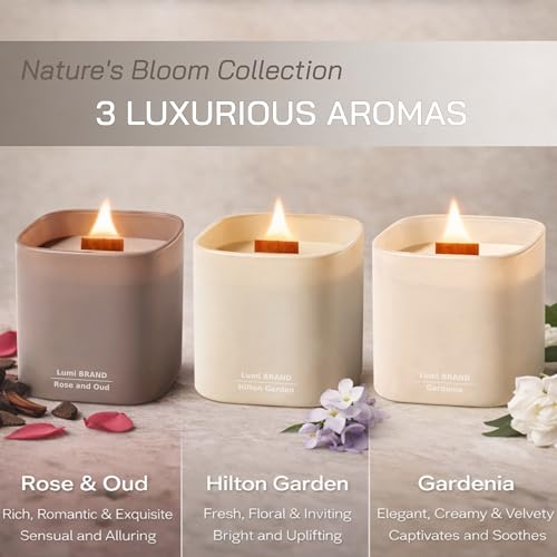 Set of 3 Premium Scented Soy Candles Gift Set | Nature's Bloom Collection - Gardenia, Hilton Garden and Rose & Oud | Crack...