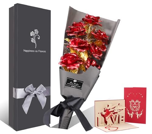 FonteeUS 9Pcs Gold Rose Flower Bouquet, Gold Foil Artificial Rose Bouquet with Gift Box, Romantic Present for Her on Valen...