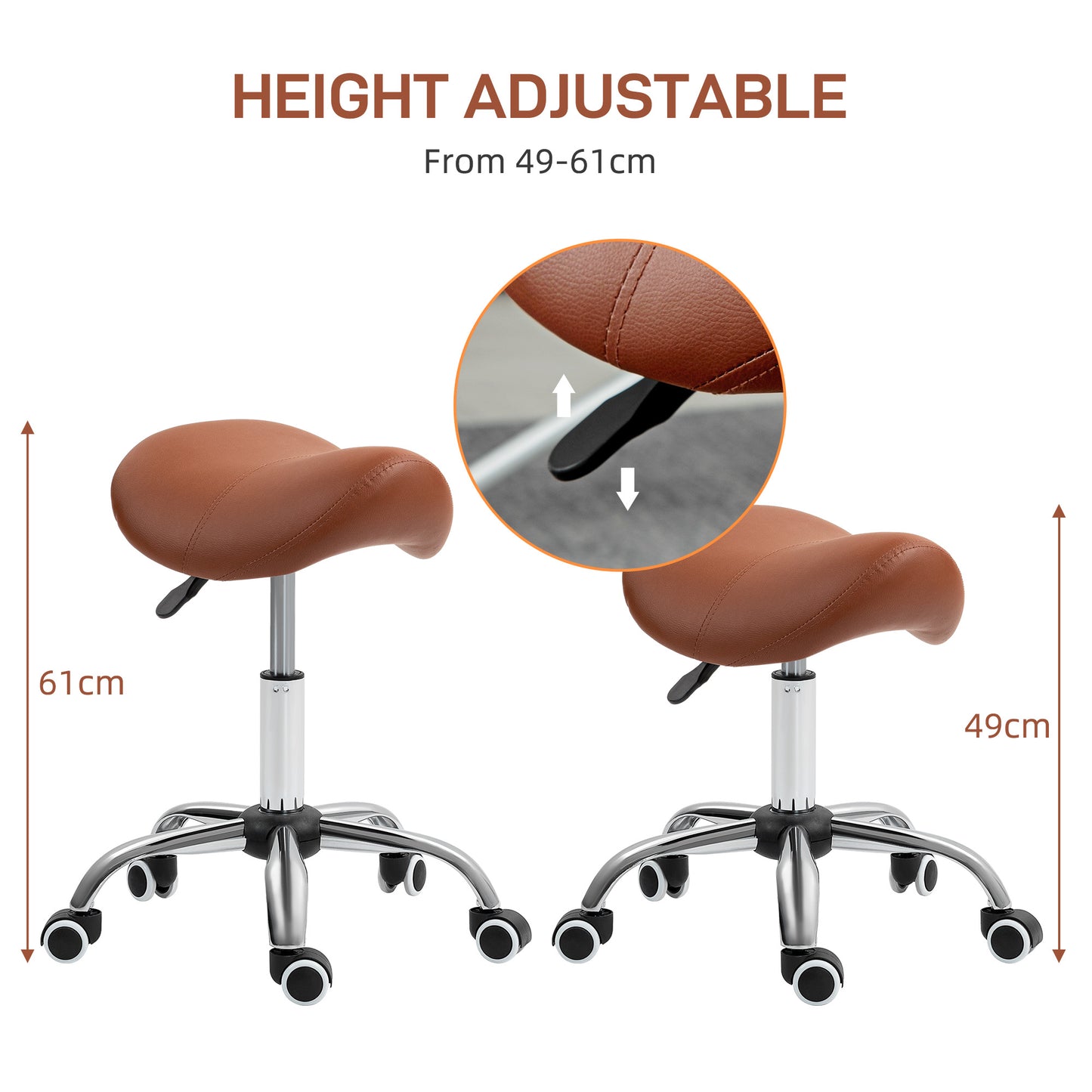 Saddle Stool, Height Adjustable Salon Chair For Massage Spa, Faux Leather, Brown