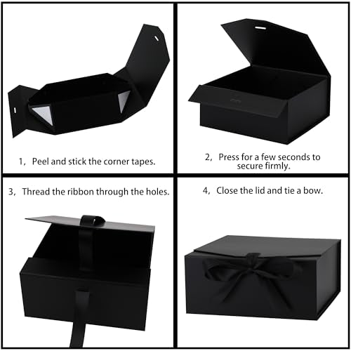 OEMVALATY 6-Pack Gift Boxes,9x9x4 Inch Magnetic Gift Boxes with Lids for Presents,Black with Ribbon, Bridesmaid Proposal B...