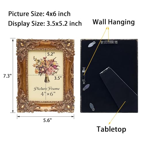 JANDERART Vintage Picture Frame 4x6 Inch, Antique Ornate Photo Frames with Glass Front, Retro Carving, Tabletop & Wall Han...