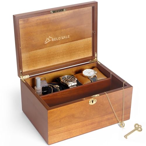 BELO VALE Premium Acacia Keepsake Box, Lockable Hand-Crafted Memory Box For Keepsakes with Removable Compartment,Wooden De...