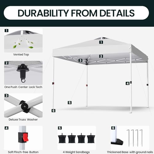 PHONWHON Shades 10x10 Pop Up Canopy with One Push Setup,Heavy Duty Beach Tent with Wheels for Easy Moving, Sun Shelter for...