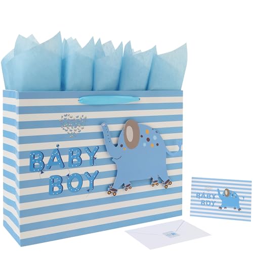 16.5” Extra Large Baby Boy Gift Bag Set with Handles, Greeting Card, Blue Tissue Papers and Stickers for Boys Kids for Bab...