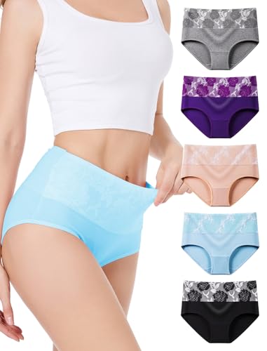 HAVVIS Women's Briefs Underwear Cotton High Waist Tummy Control Panties Rose Jacquard Ladies Panty Multipack