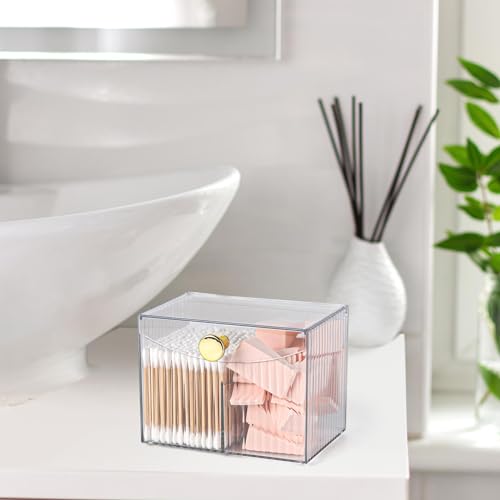 acDesign 2 Slot Qtip Holder Dispenser Rectangle Cotton Ball and Swab Holder Organizer with Lid Clear Bathroom Organizer Ja...