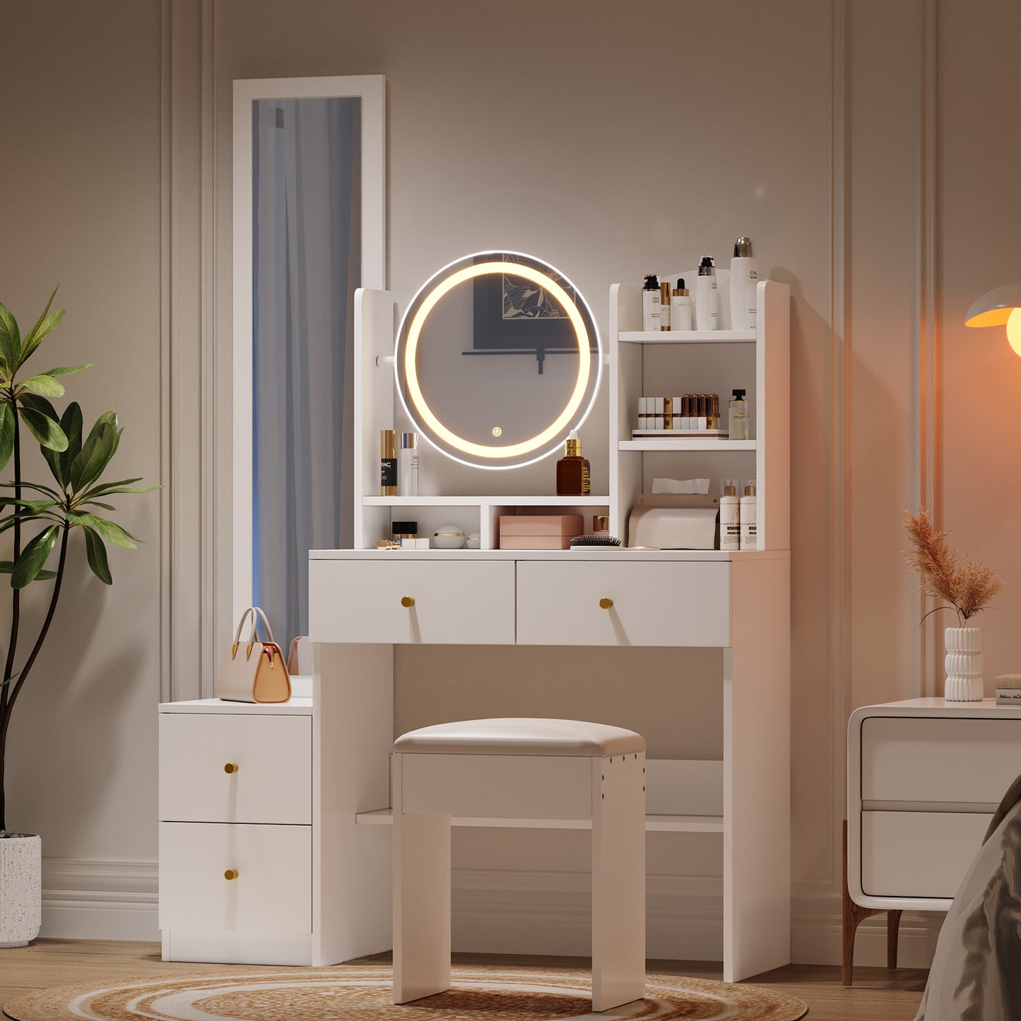 4-in-1 Vanity Table Makeup Table With Full-length Mirror And Rotating Table Mirror, Vanity Stool, 3-color LED Lighting, Metal Handle, White