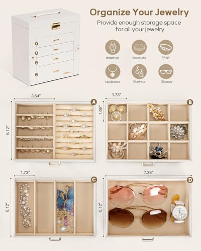 Homde Synthetic Leather Huge Jewelry Box Mirrored Watch Organizer Necklace Ring Earring Storage Lockable Gift Case (White...