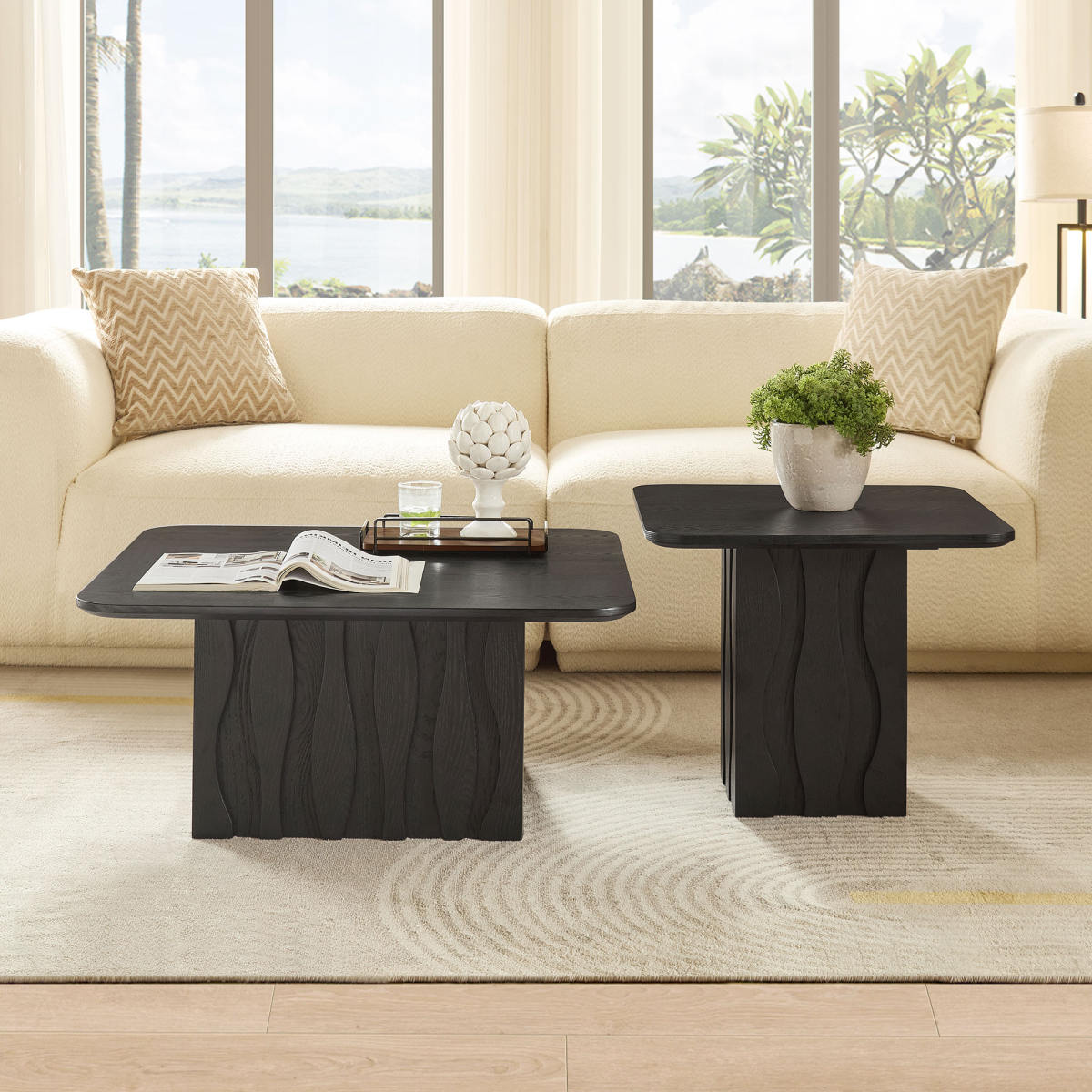 2PCS Nesting Square Coffee Table Set for Living Room,Mid-Century Wavy Fluted Base Tables, End Side Tables for Leisure Area,Office,Black