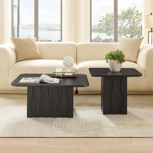 2PCS Nesting Square Coffee Table Set for Living Room,Mid-Century Wavy Fluted Base Tables, End Side Tables for Leisure Area,Office,Black