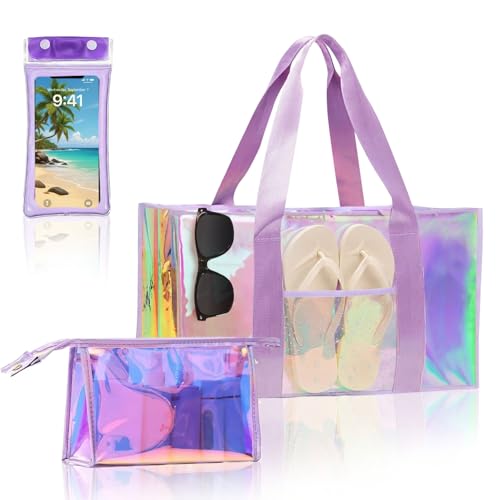 Cyrelwing 3PCS Iridescent Beach Tote Bag for Women Large Waterproof Beach Tote Bag for Swim Pool Summer Travel Vacation