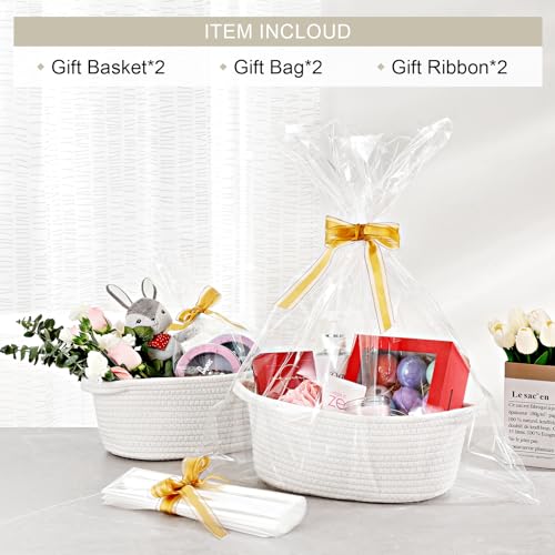 2 Pack Small Woven Basket with Gift Bags and Ribbons, Empty Decorative Gift Chest Box, Cute Baby Gift Basket for Nursery, ...