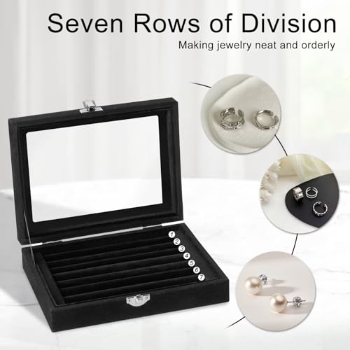 Jutieuo Velvet Ring Organizer Box, 7 Slots Jewelry Holder with Glass Lid Earring Display Tray Storage Case Gift for Women ...